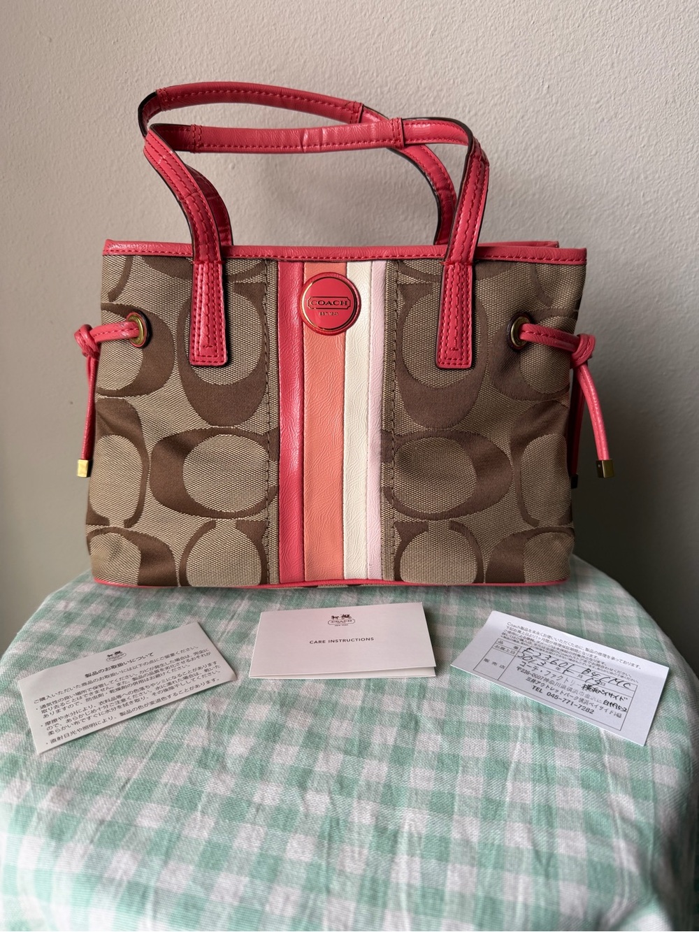 Coach Pink Signature Stripe Drawstring Carryall Mini Tote Bag